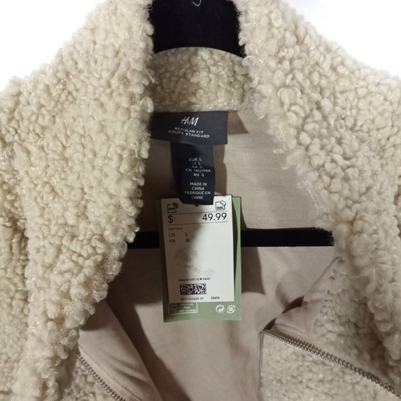 HM Teddy Bear Jacket Womens L Beige Fleece Sherpa Pockets Full Zip - Picture 3 of 5
